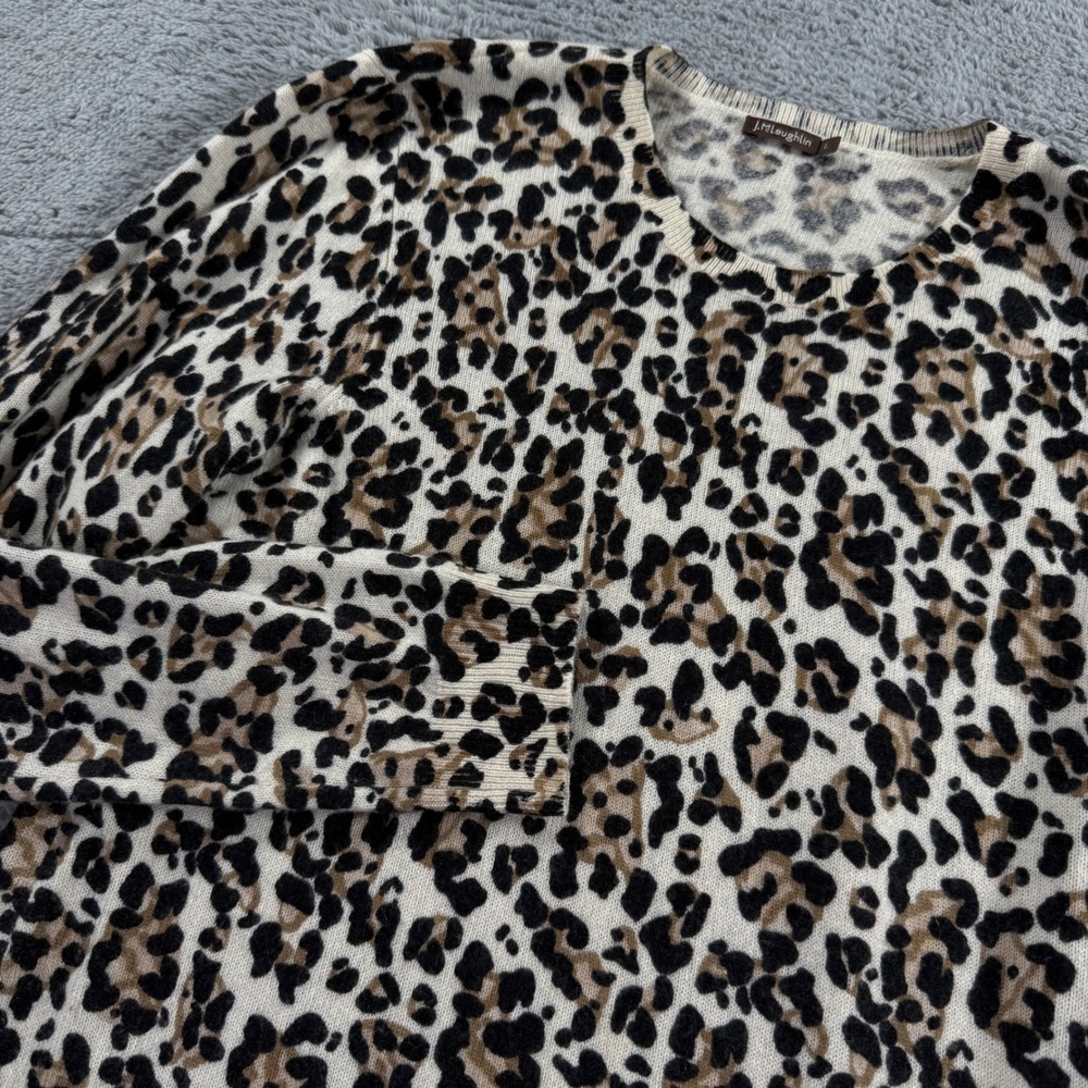 J.McLaughlin Cashmere Sweater Womens L Leopard Print Crew Neck Tan Black
